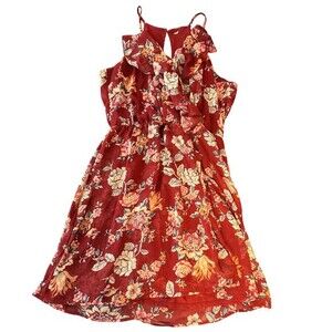 Rust Red Floral Ruffle Dress – Flowy Sleeveless Boho Sundress Size M